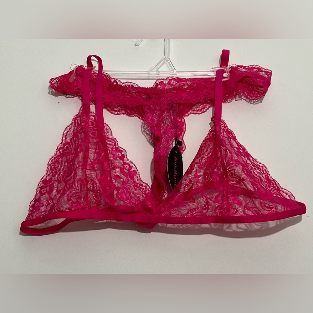 Avidlove Hot Pink Lace Lingerie Set NWT 14W Sheer Floral Bralette & Thong